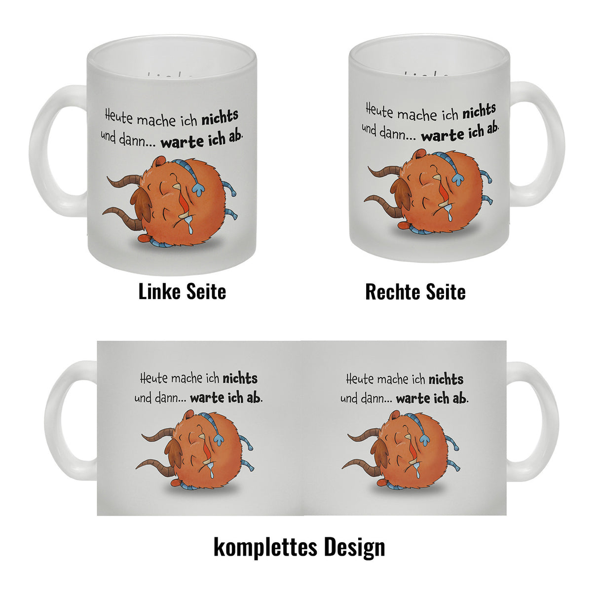 Freches Monster in orange Kaffeebecher mit lustigem Spruch