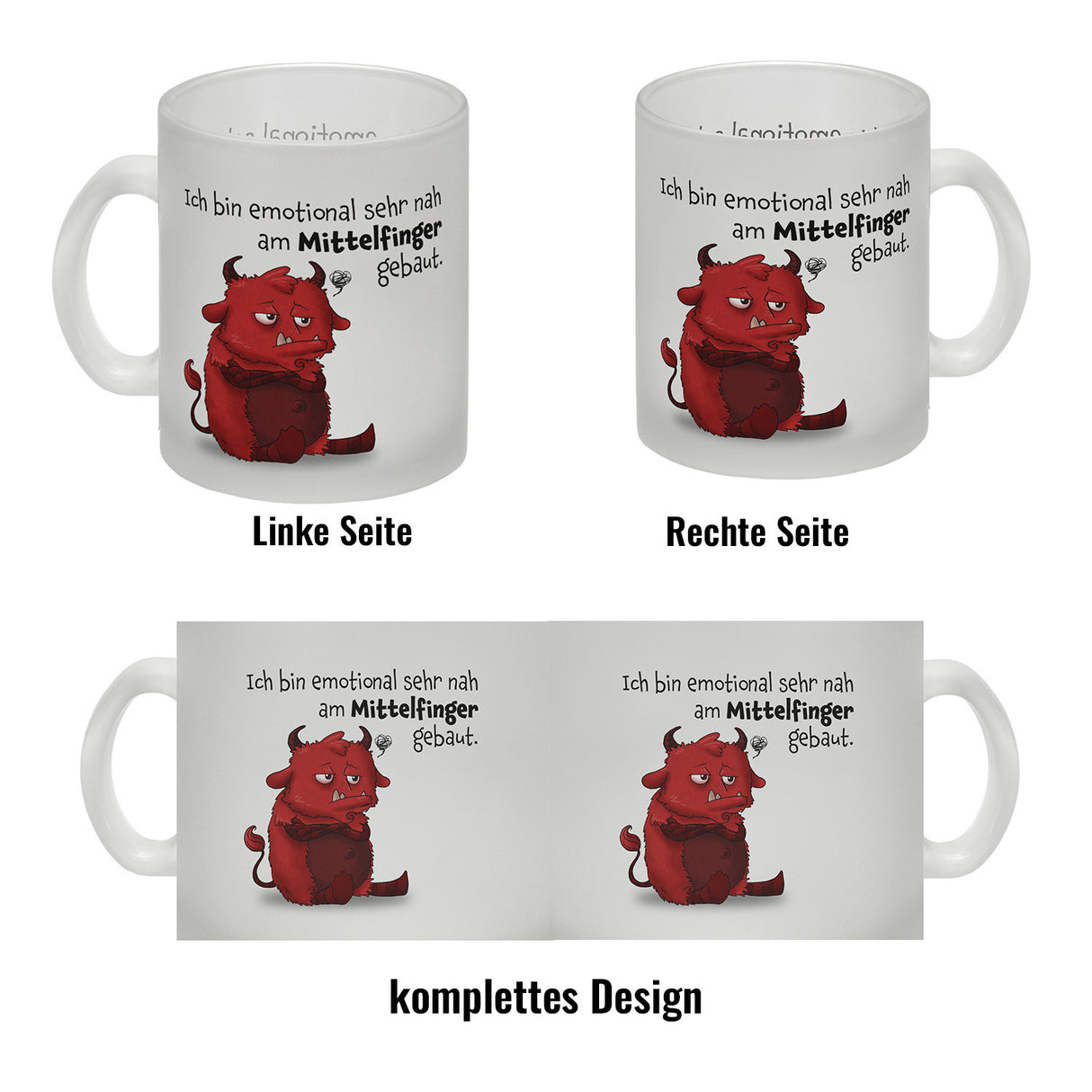 Freches Monster in hellrot Kaffeebecher mit lustigem Spruch