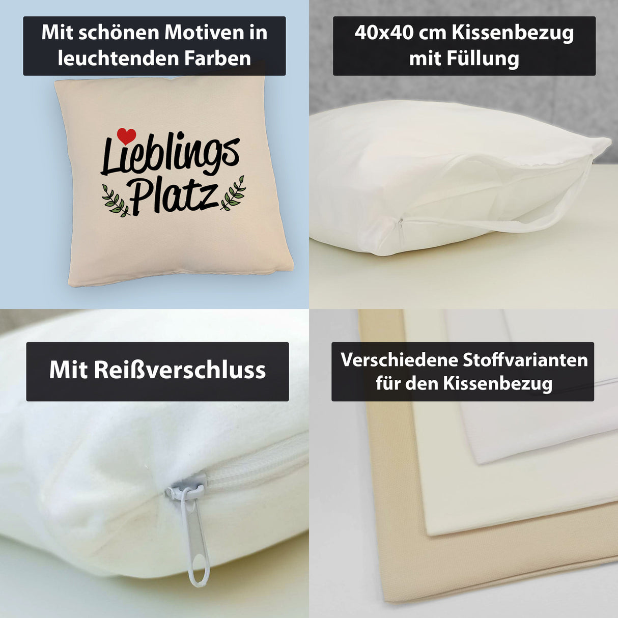 Lieblingsplatz Kissen mit rotem Herz und Blättern