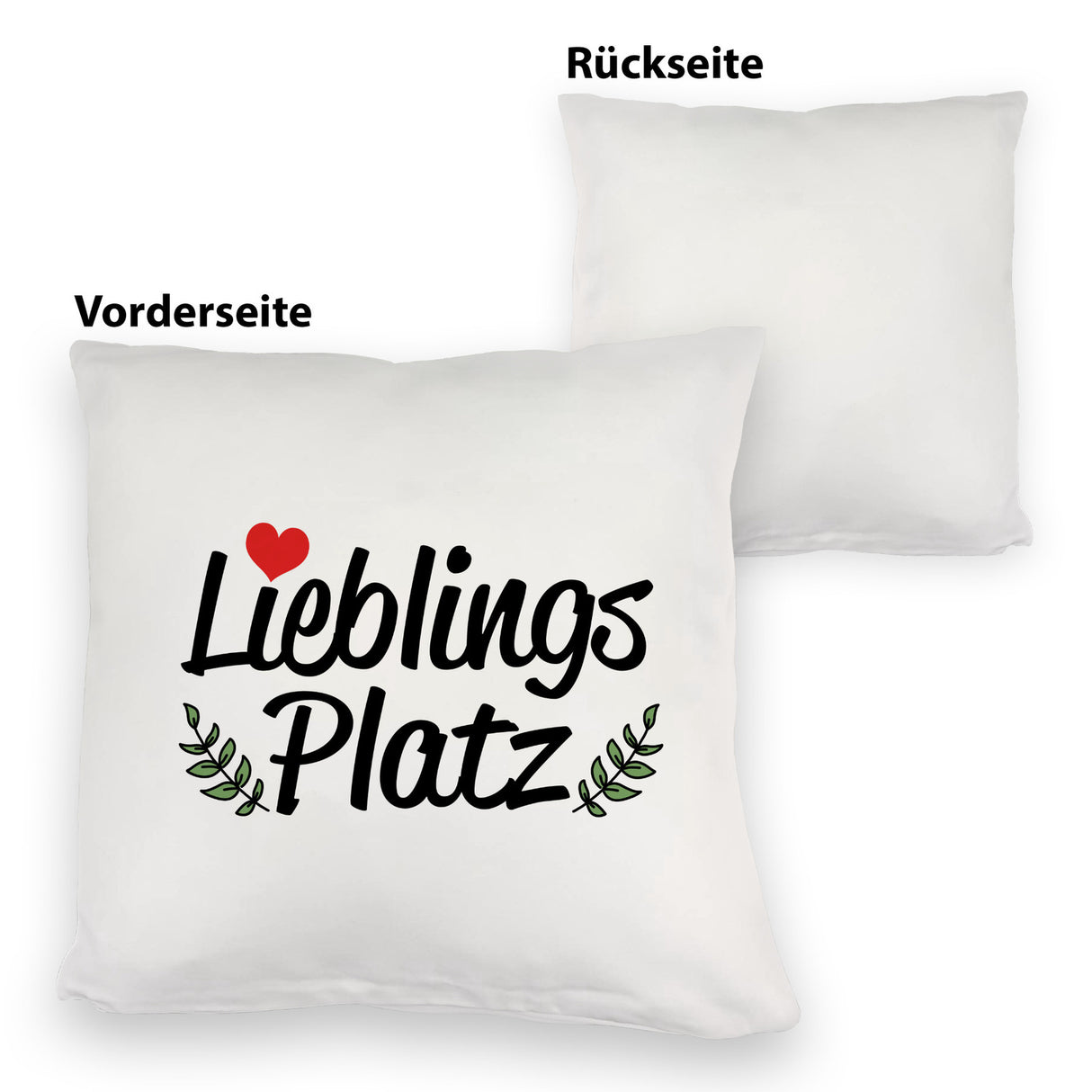Lieblingsplatz Kissen mit rotem Herz und Blättern
