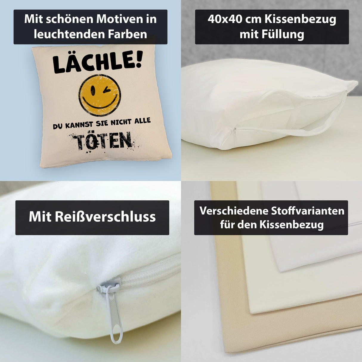 Emoticon Kissen mit Spruch - Lächle du kannst sie nicht alle töten