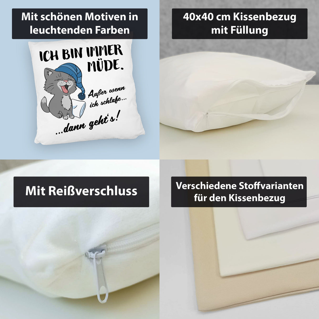 Katze Kissen mit Spruch- Immer müde außer wenn ich schlafe