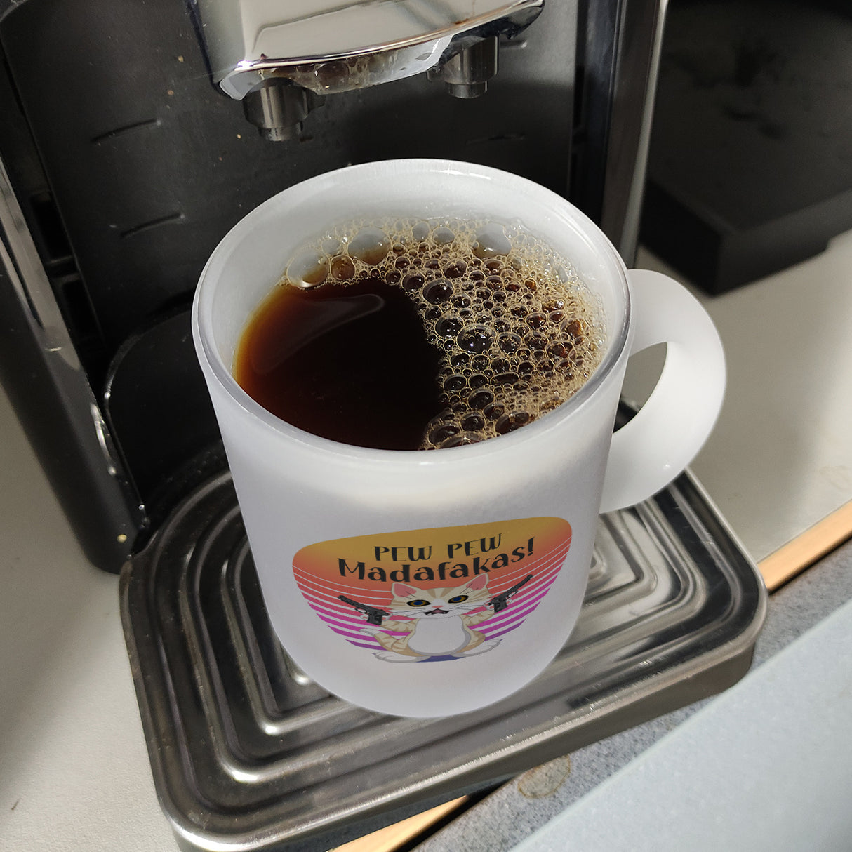 PEW PEW Madafakas Kaffeebecher mit lustigem Katzen Motiv