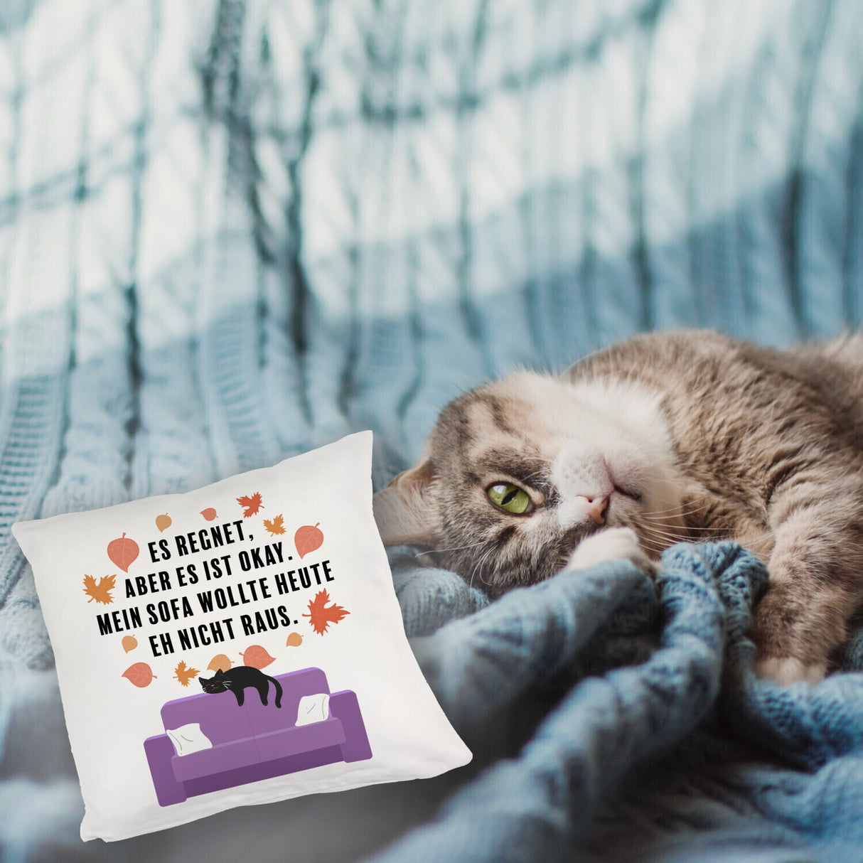 Katzen Kissen mit Spruch Es regnet aber mein Sofa wollte nicht raus