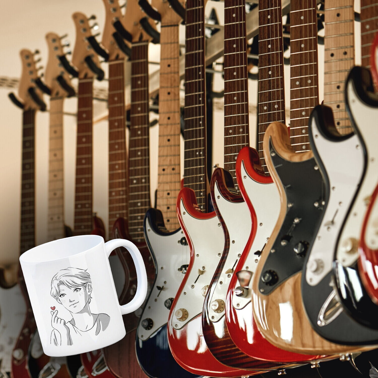 K-Pop Herz Zeichen Kaffeebecher mit Manga Charakter in Farbe