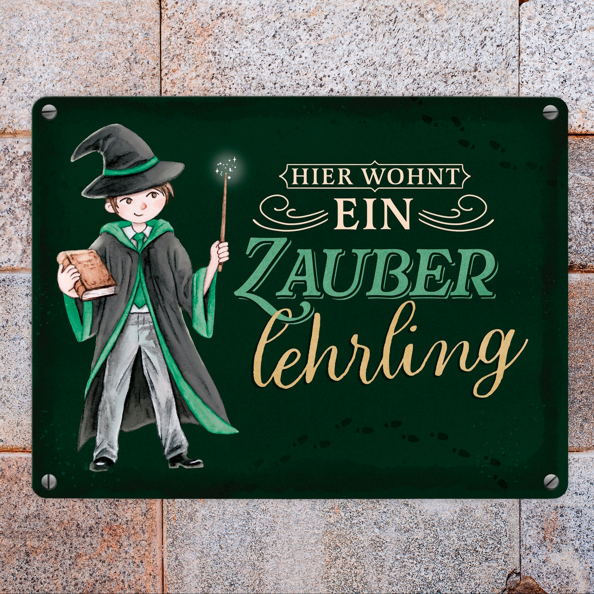 Zauberschüler Metallschild in 15x20 cm mit dunklem Hintergrund und Spruch