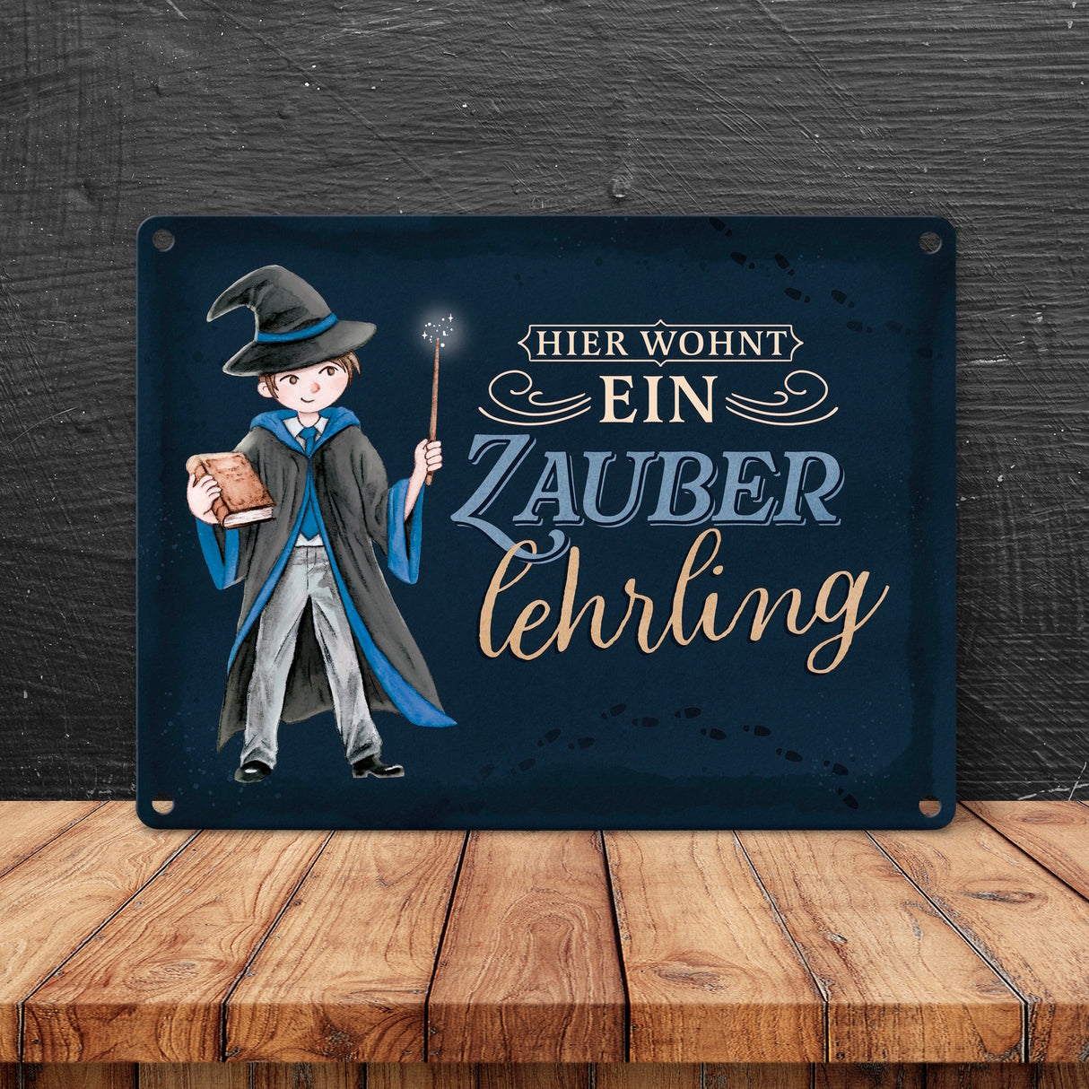 Zauberschüler Metallschild in 15x20 cm mit dunklem Hintergrund und Spruch