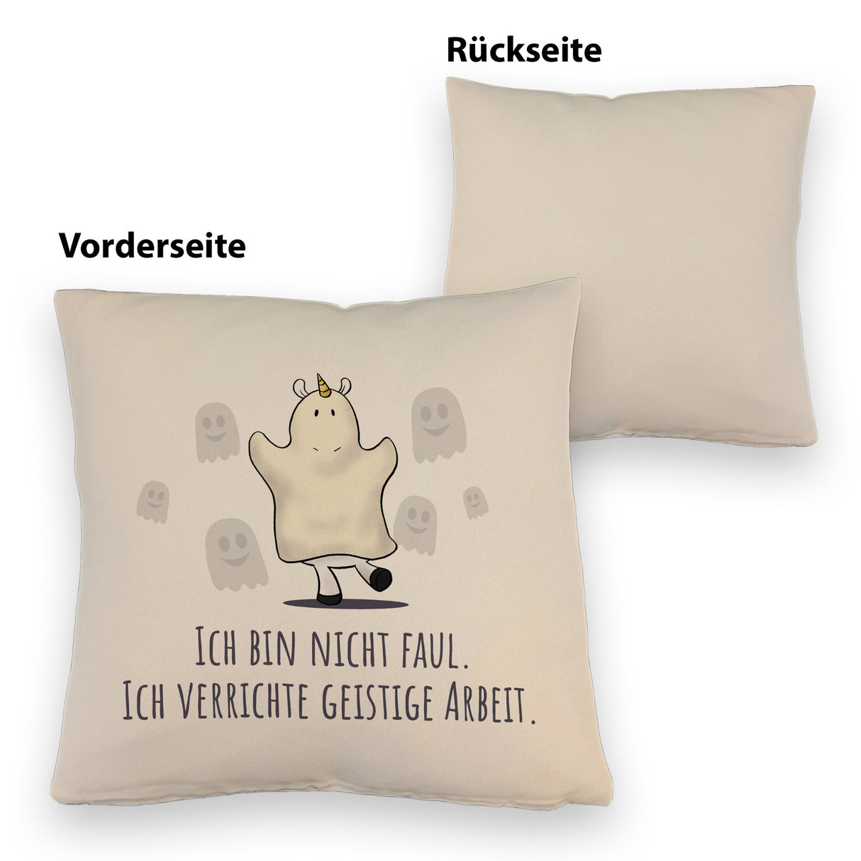 Einhorn-Geist Kissen mit Spruch Ich bin nicht faul Ich verrichte geistige Arbeit