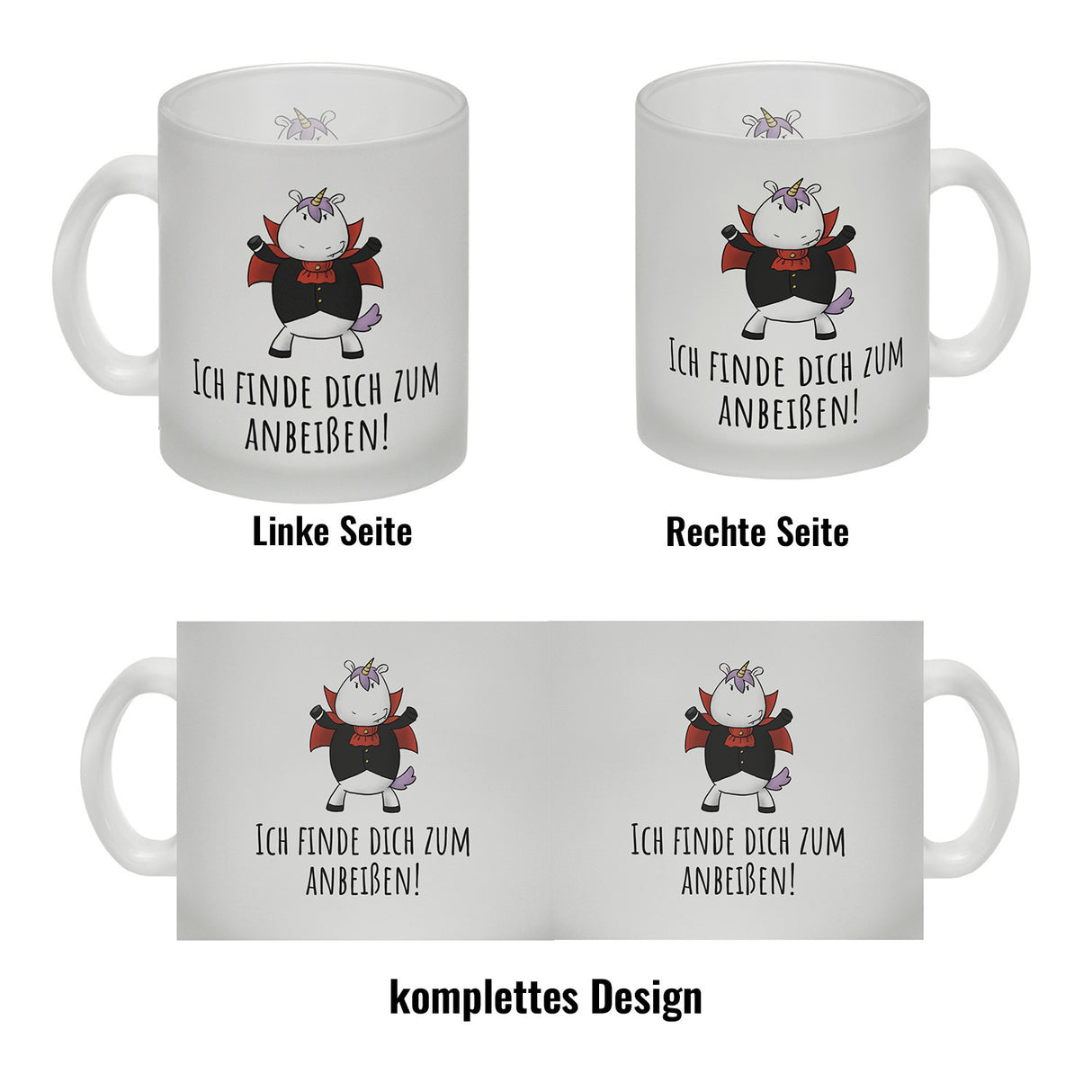 Einhorn-Vampir Kaffeebecher mit Spruch Ich finde dich zum Anbeißen