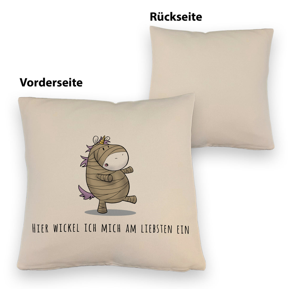 Einhorn-Mumie Kissen mit Spruch Hier wickel ich mich am liebsten ein