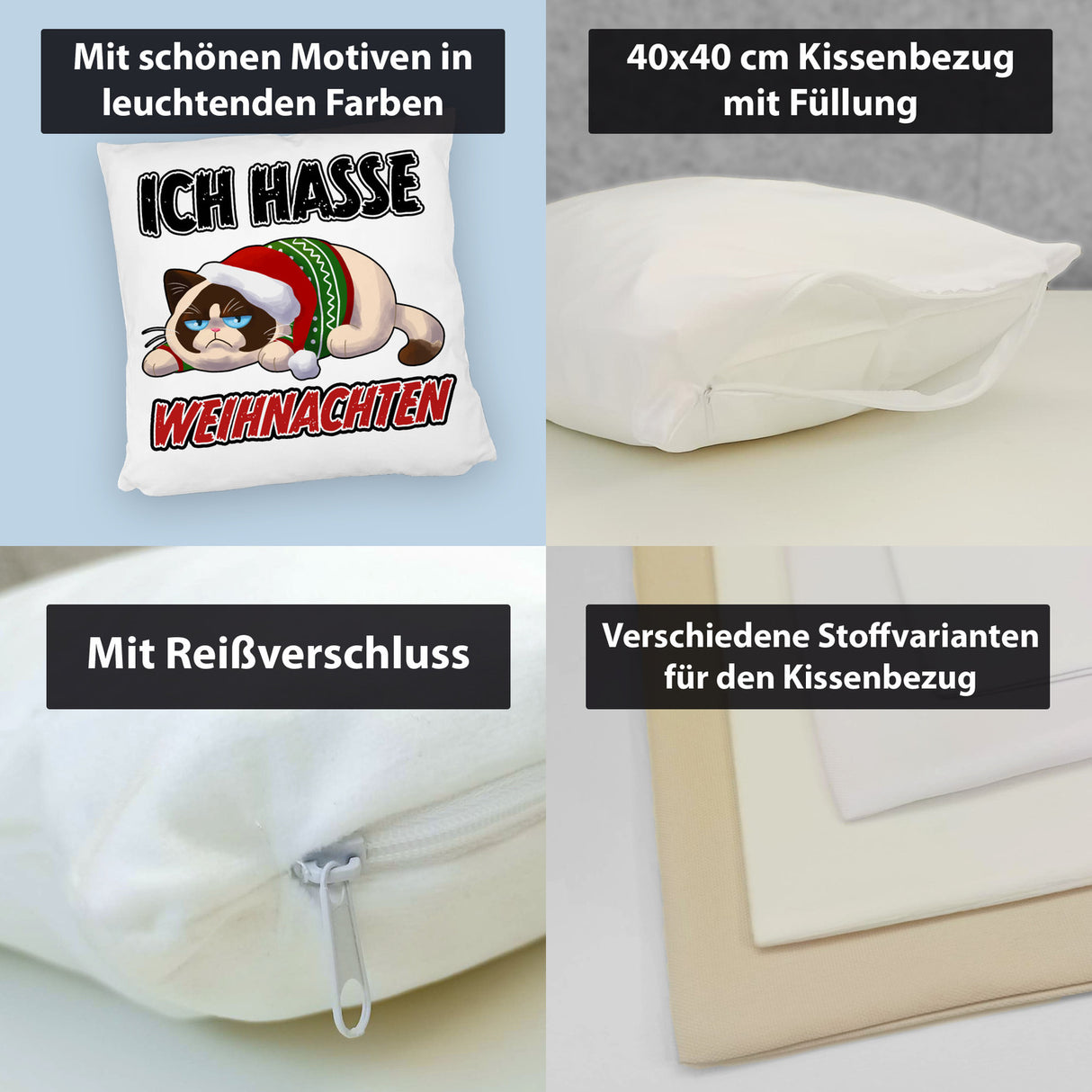 Grimmige Katze Kissen mit Spruch Ich hasse Weihnachten