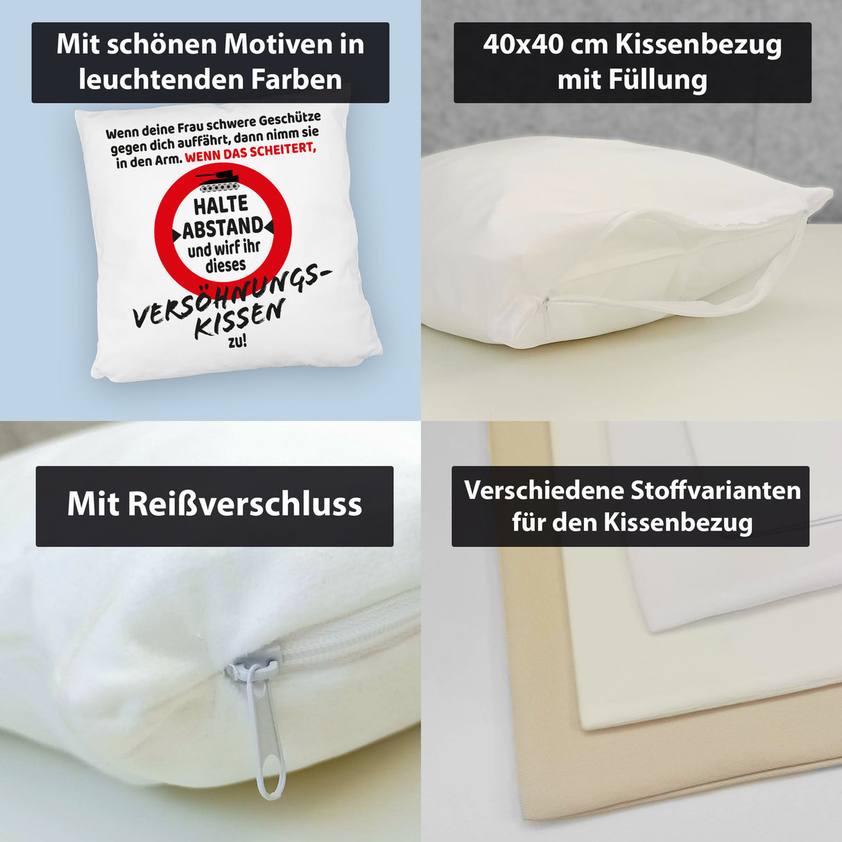 Ehe Kissen mit Warnsymbol und Spruch zum Thema Versöhnung für den Mann