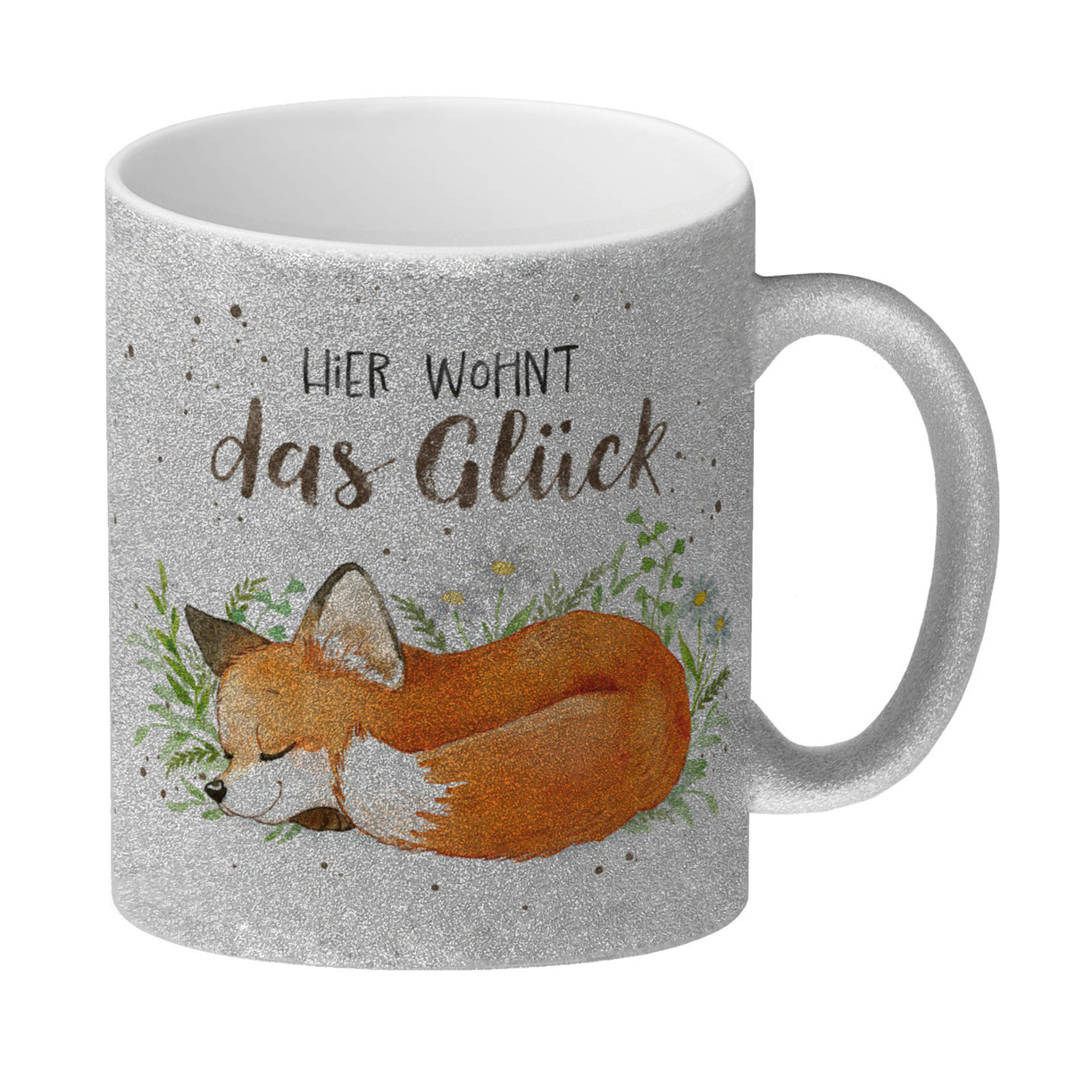 Hier wohnt das Glück Kaffeebecher mit Fuchs im Aquarell-Stil