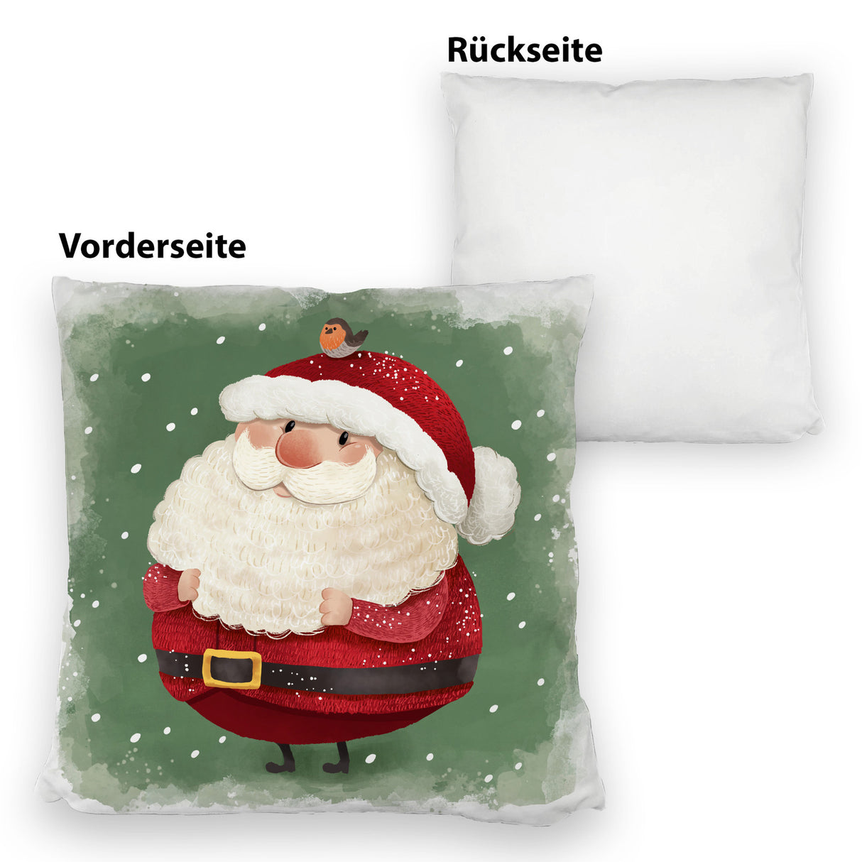 Weihnachtsmann und Rotkehlchen Kissen mit grünem Hintergrund