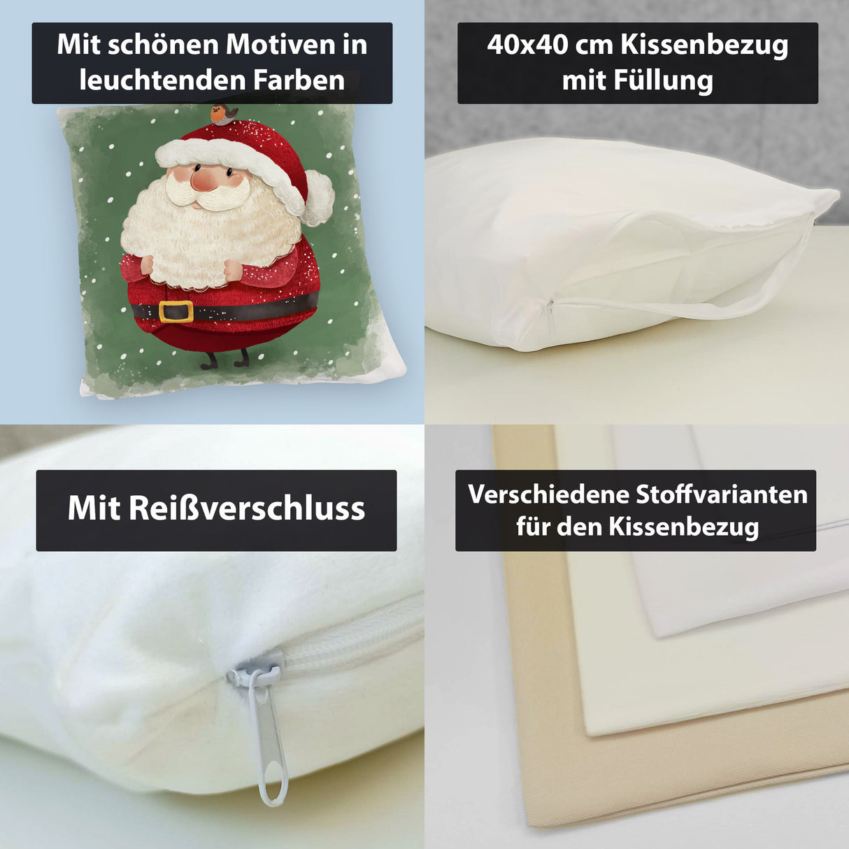 Weihnachtsmann und Rotkehlchen Kissen mit grünem Hintergrund