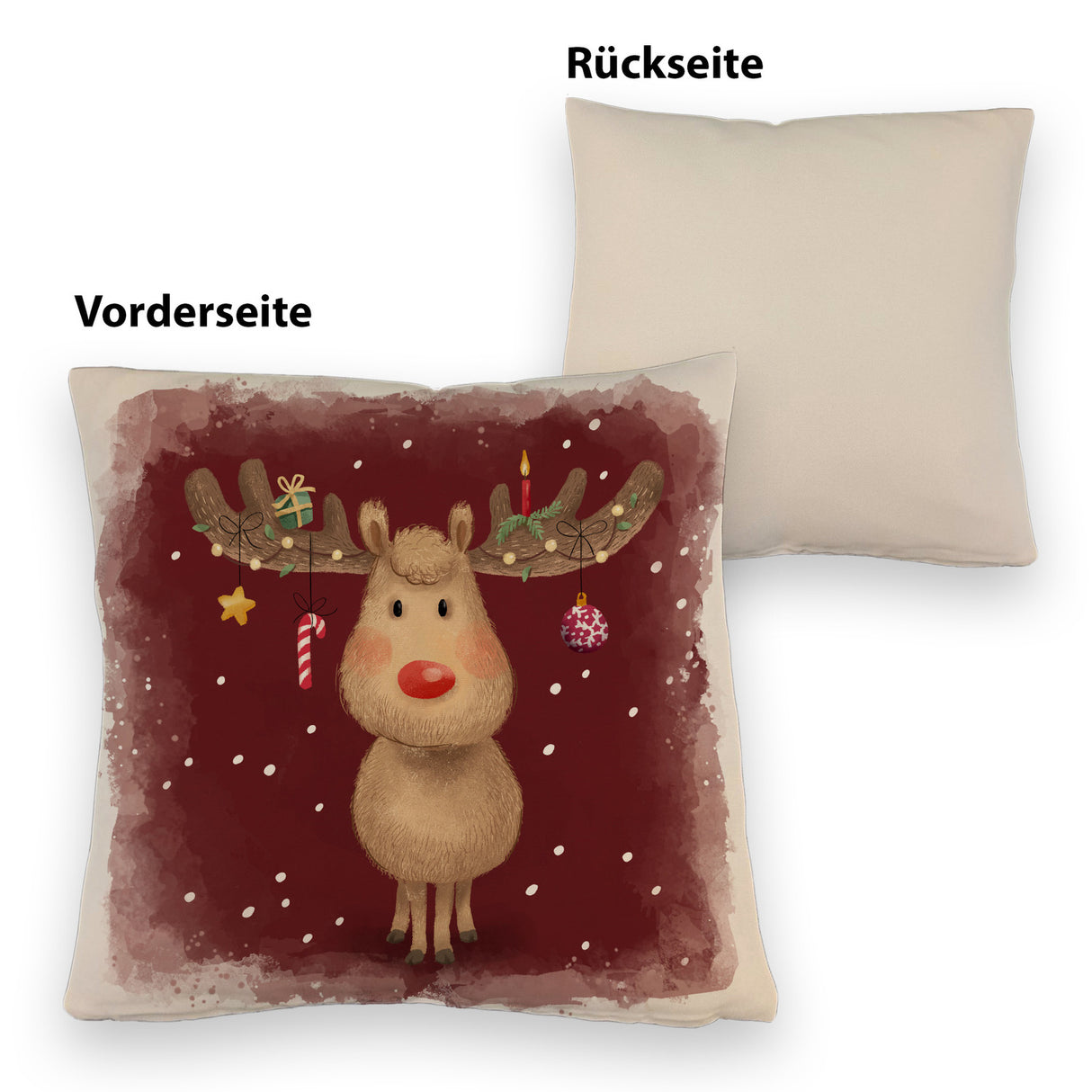 Rentier mit Weihnachtsschmuck Kissen mit rotem Hintergrund