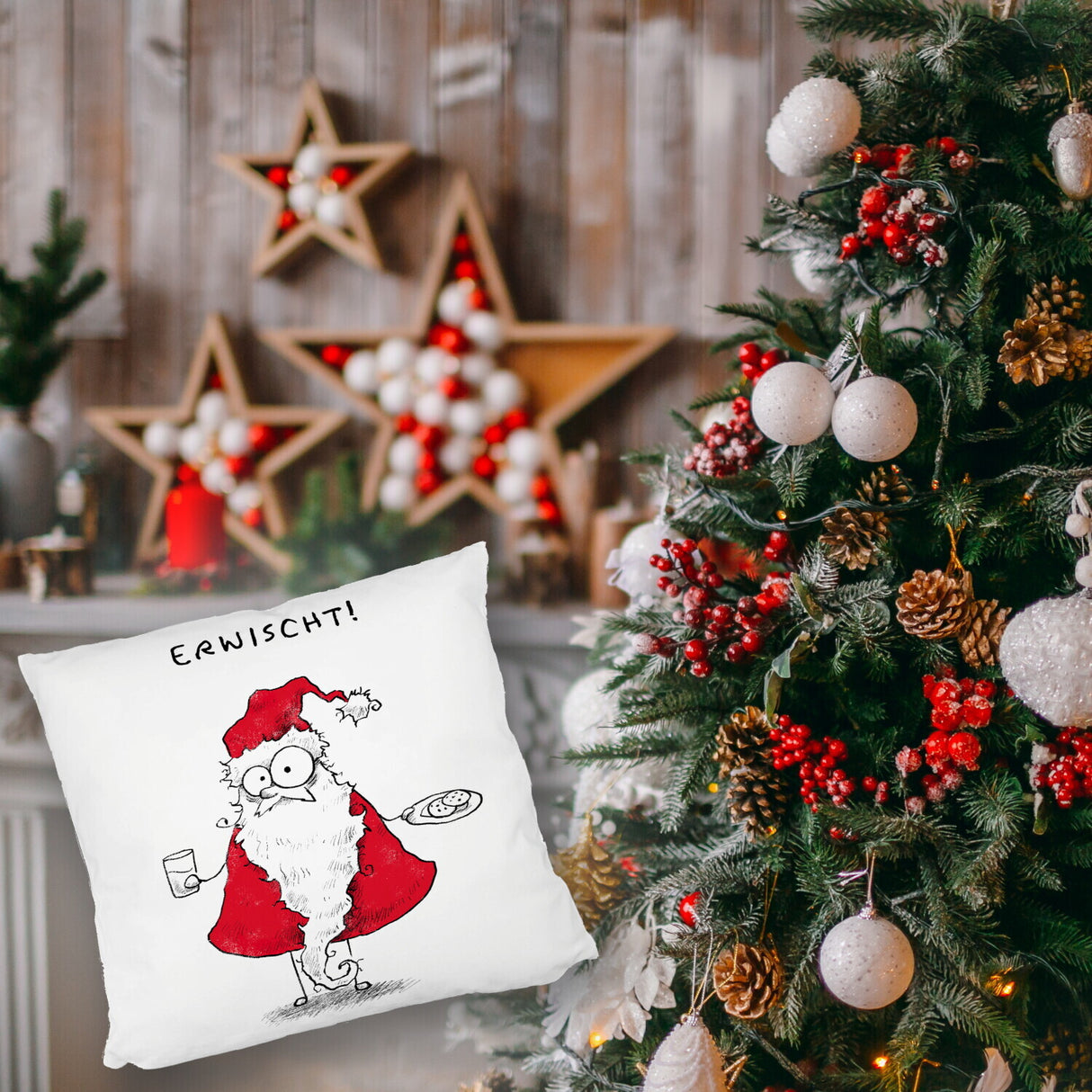 Weihnachtsmann am Naschen Kissen mit Spruch Erwischt