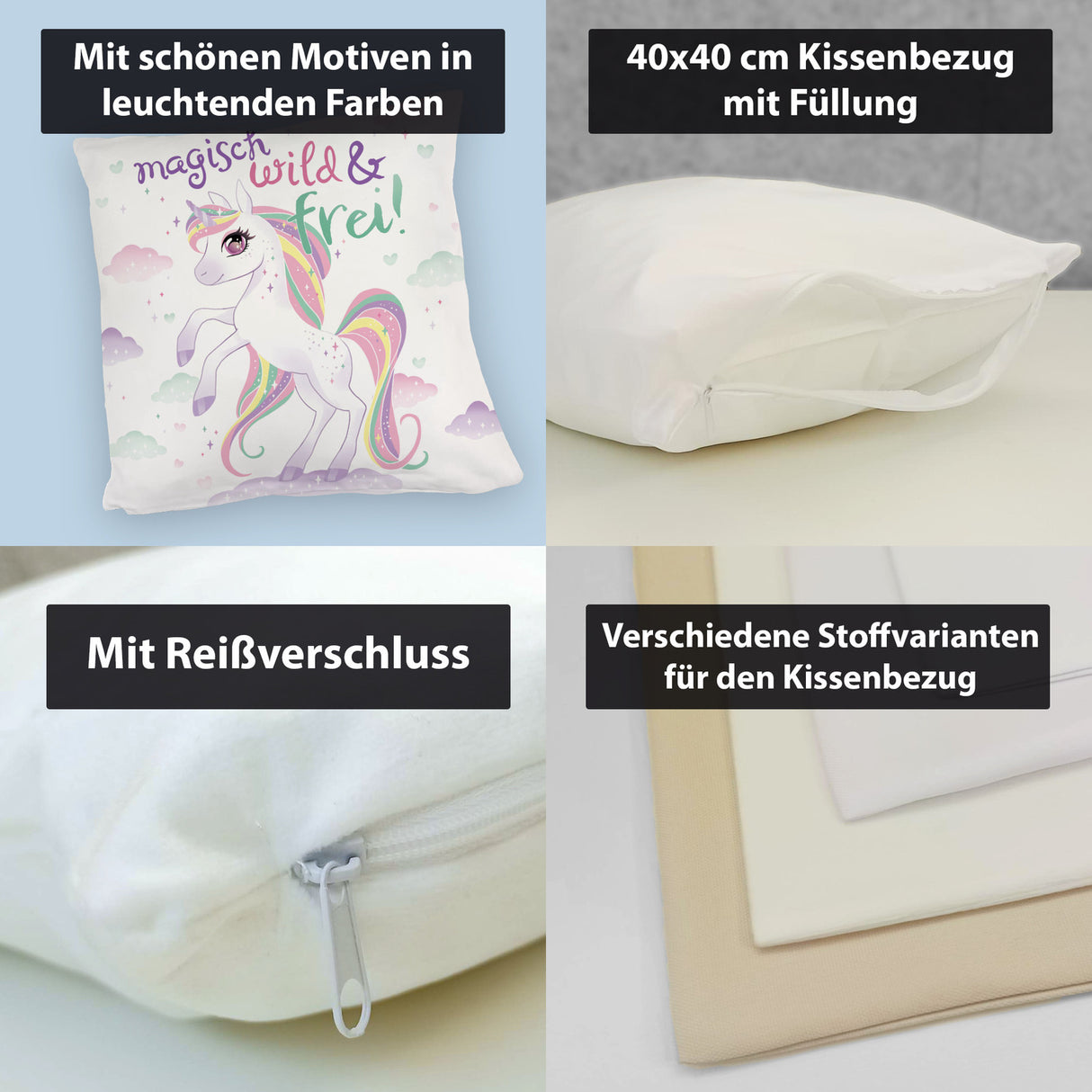 Einhorn Kissen mit Spruch Magisch wild und frei