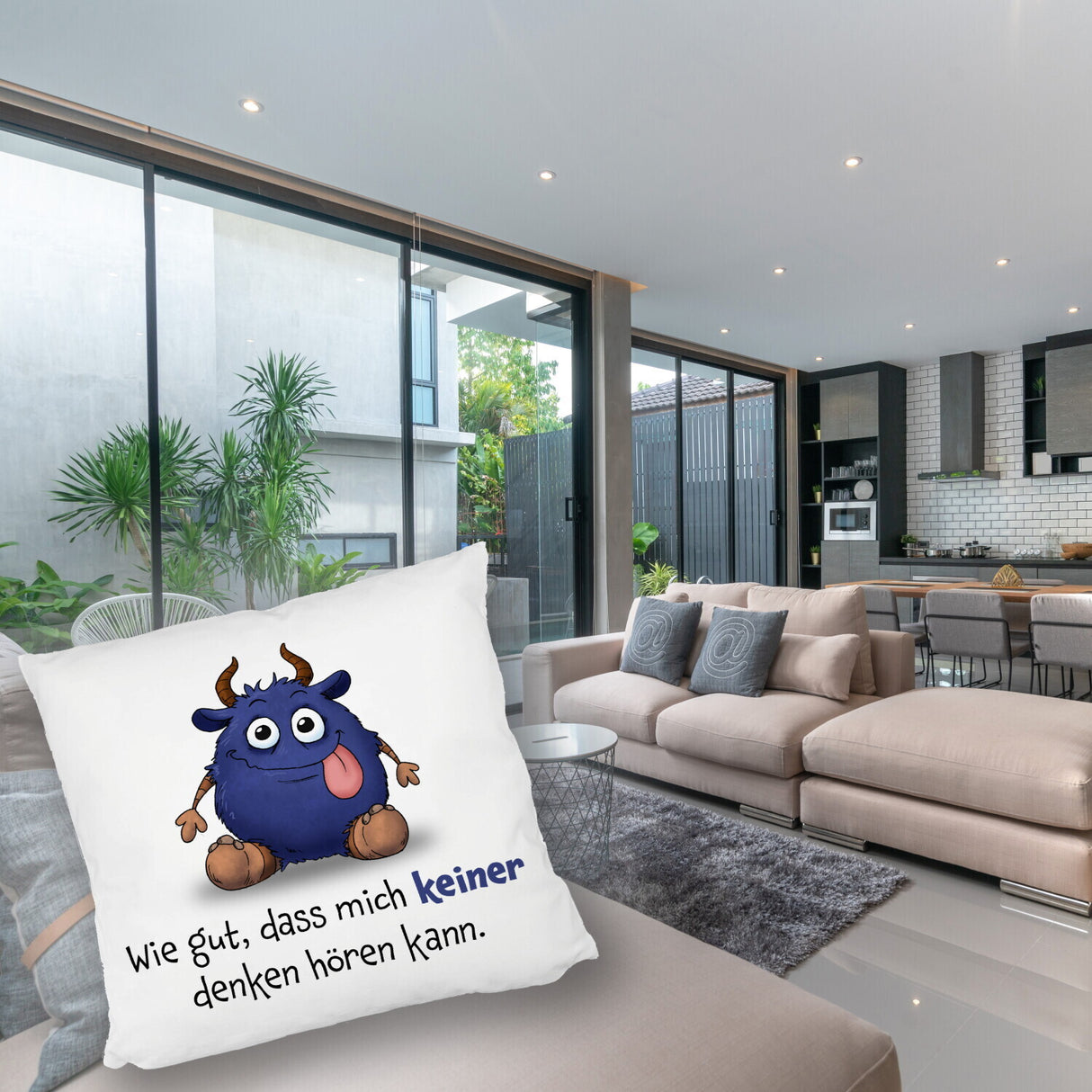 Freches Monster in dunkelblau Kissen mit lustigem Spruch