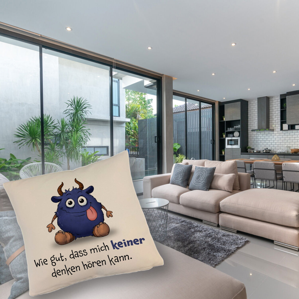Freches Monster in dunkelblau Kissen mit lustigem Spruch