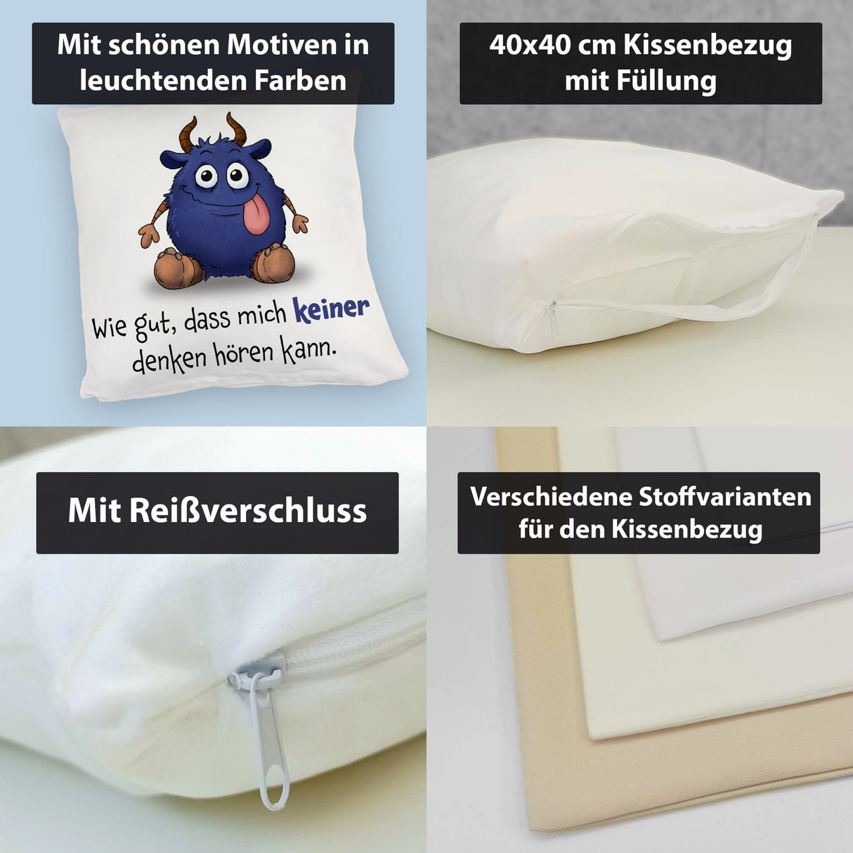 Freches Monster in dunkelblau Kissen mit lustigem Spruch