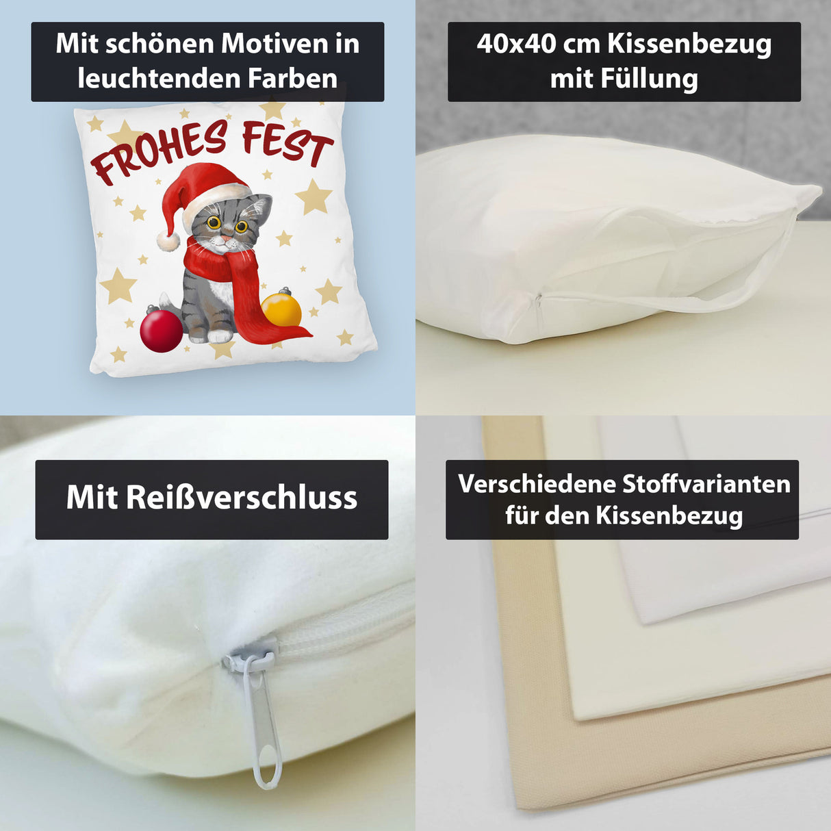 Katze mit Mütze Kissen mit Spruch Frohes Fest