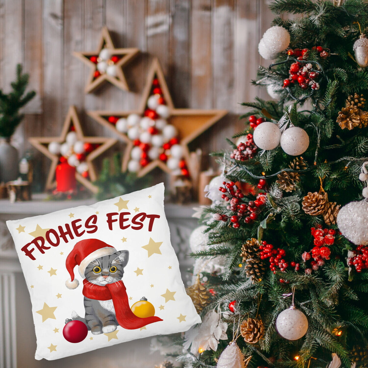 Katze mit Mütze Kissen mit Spruch Frohes Fest