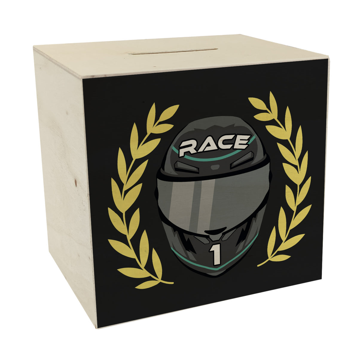 Motorsport-Helm Spardose mit Siegerkranz