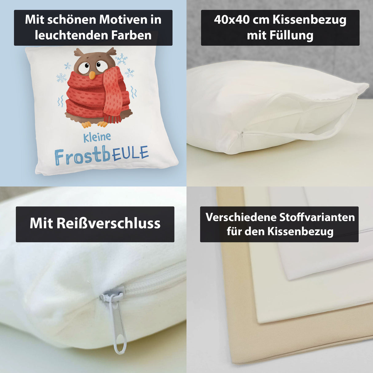 Kleine Frostbeule Kissen mit Spruch niedlicher Eule