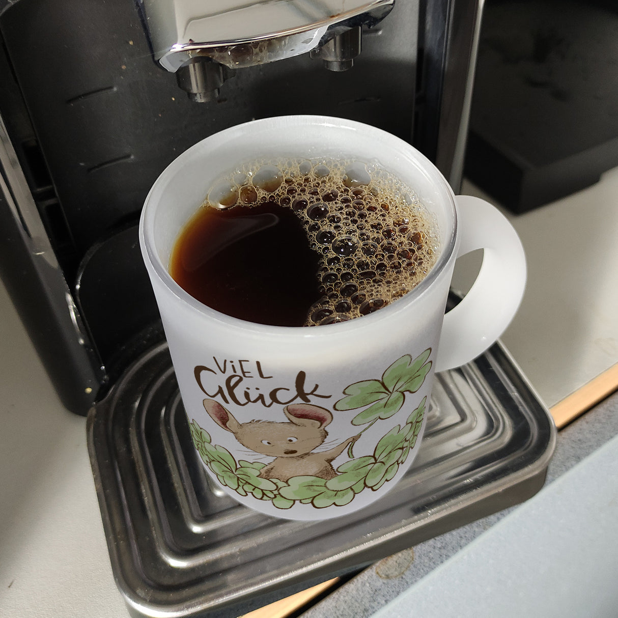 Maus Kaffeebecher mit Spruch Viel Glück