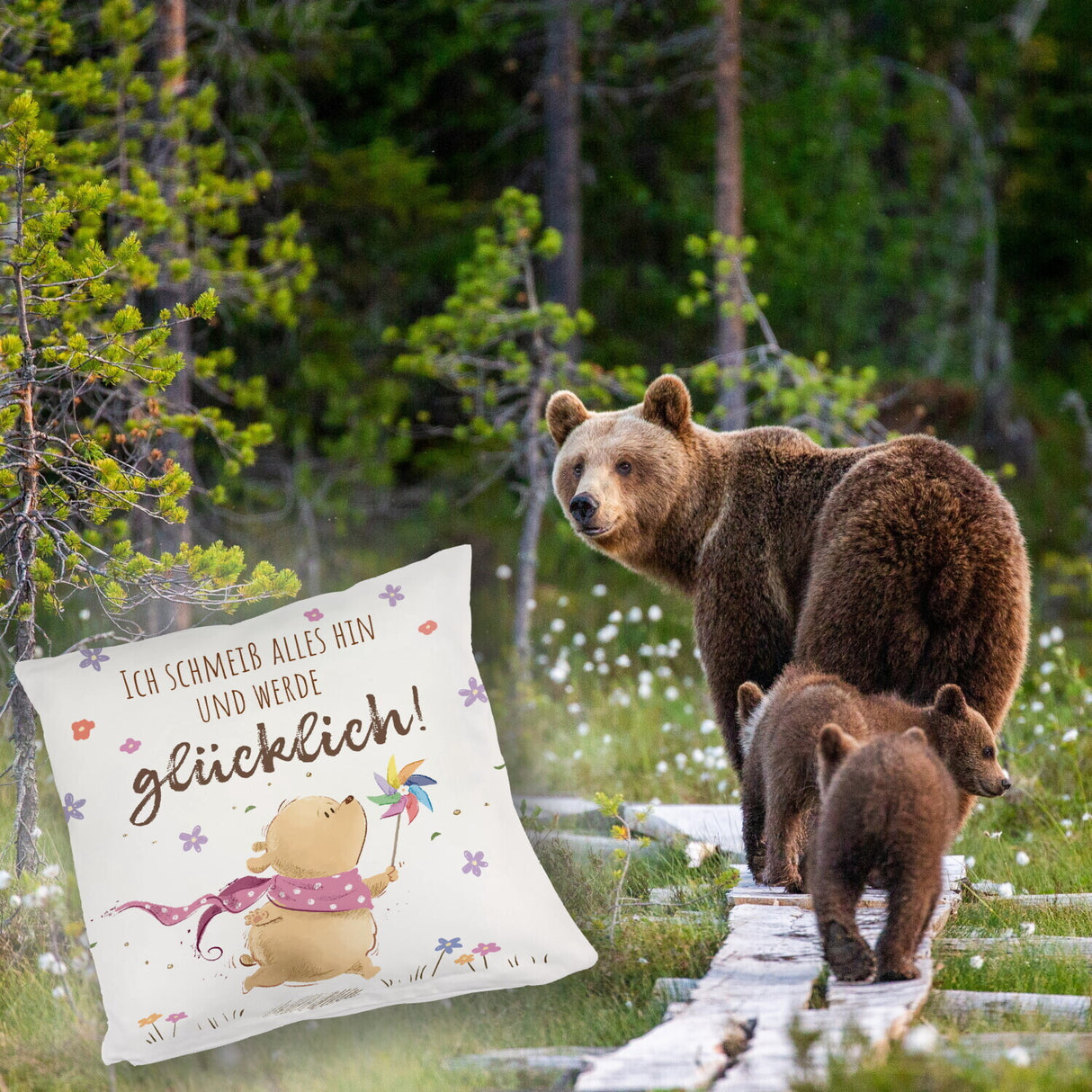 Glücklicher Bär Kissen mit Spruch Ich schmeiß alles hin