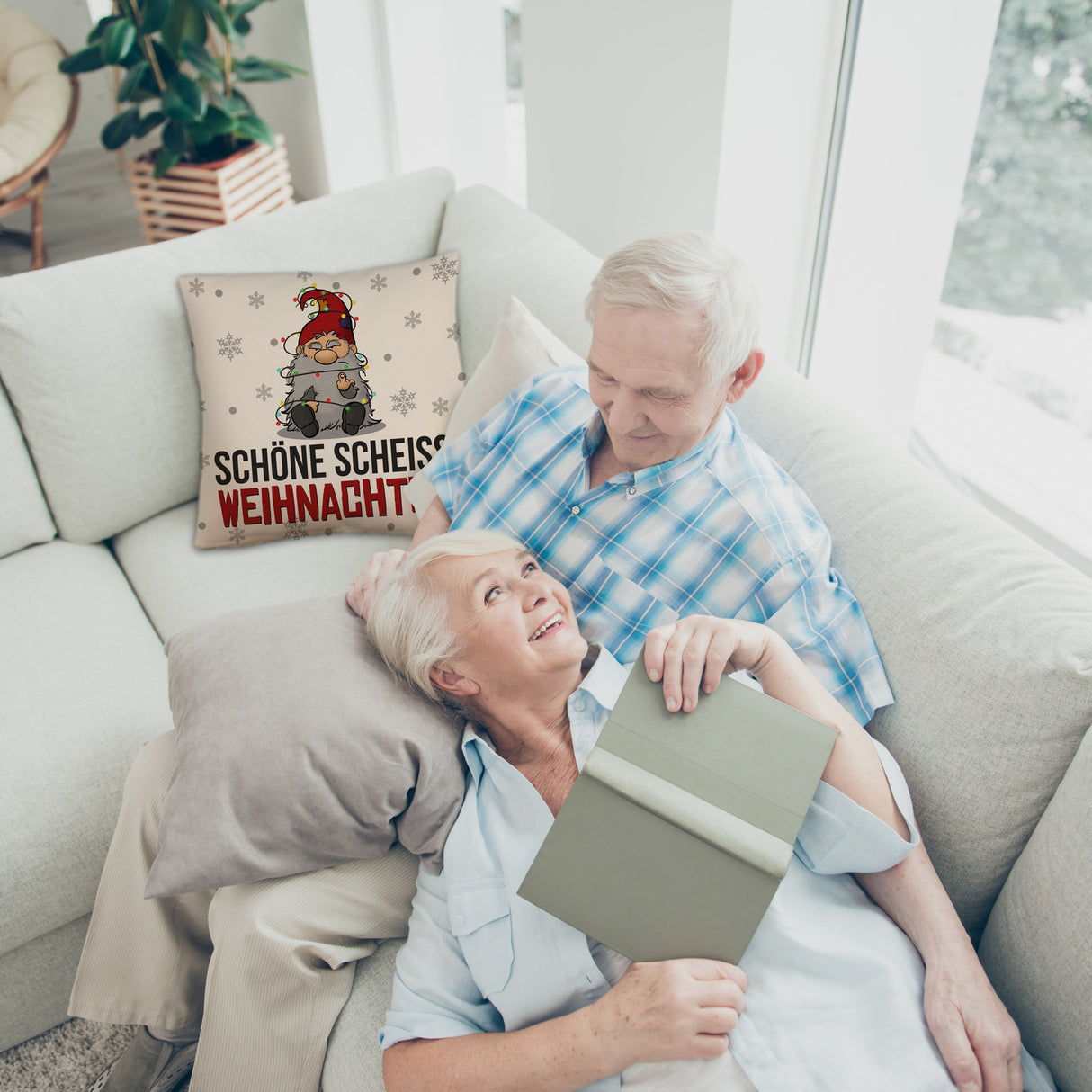 Grimmiger Wichtel Kissen mit Spruch Schöne scheiß Weihnachten