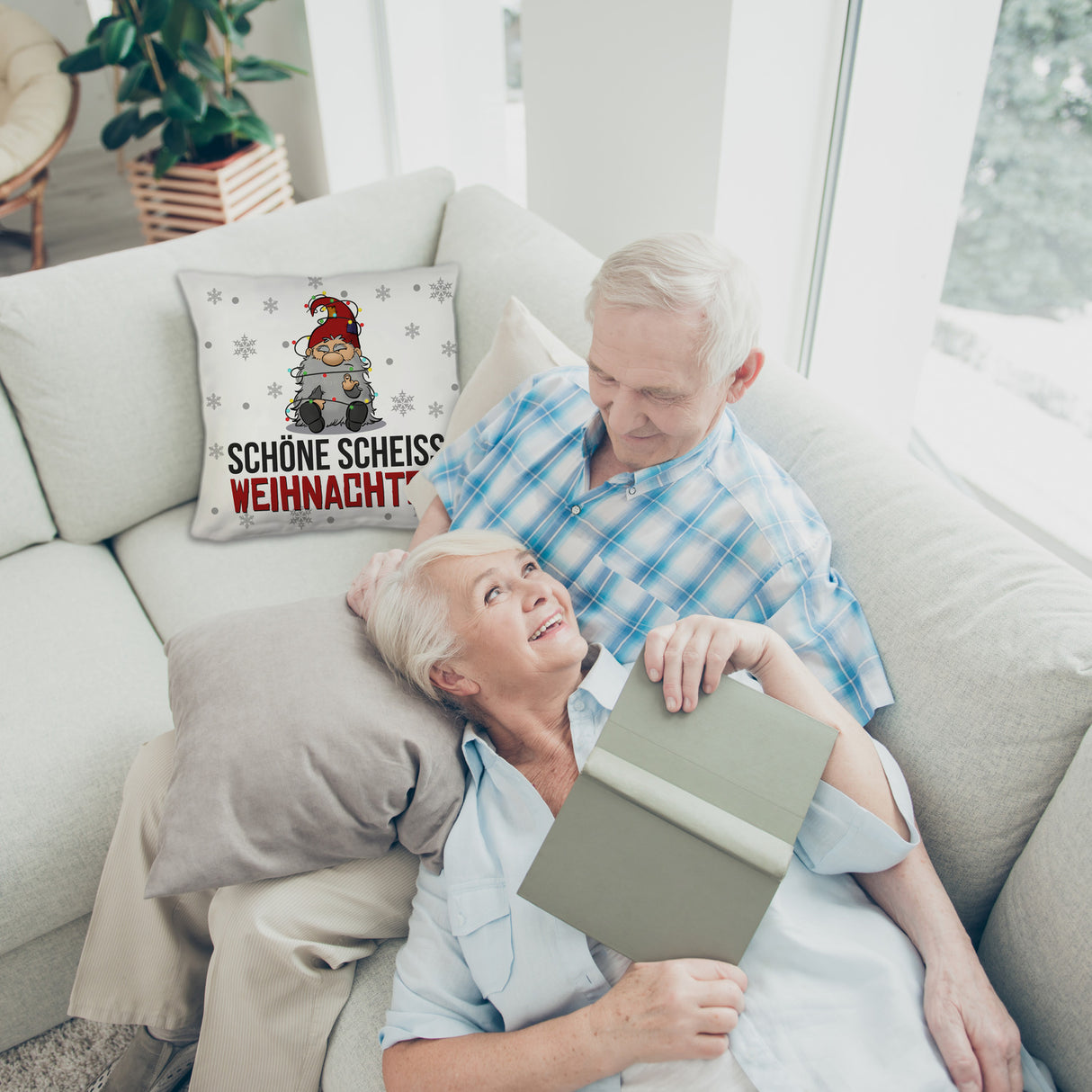 Grimmiger Wichtel Kissen mit Spruch Schöne scheiß Weihnachten
