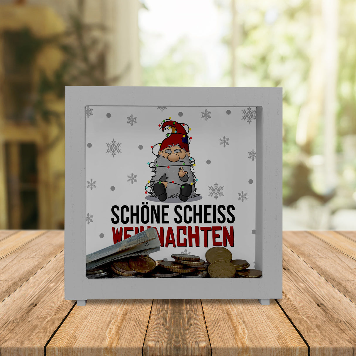 Grimmiger Wichtel Spardose mit Spruch Schöne scheiß Weihnachten