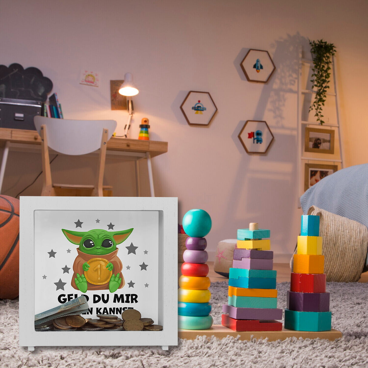 Baby-Alien Spardose mit Spruch Geld du mir geben kannst