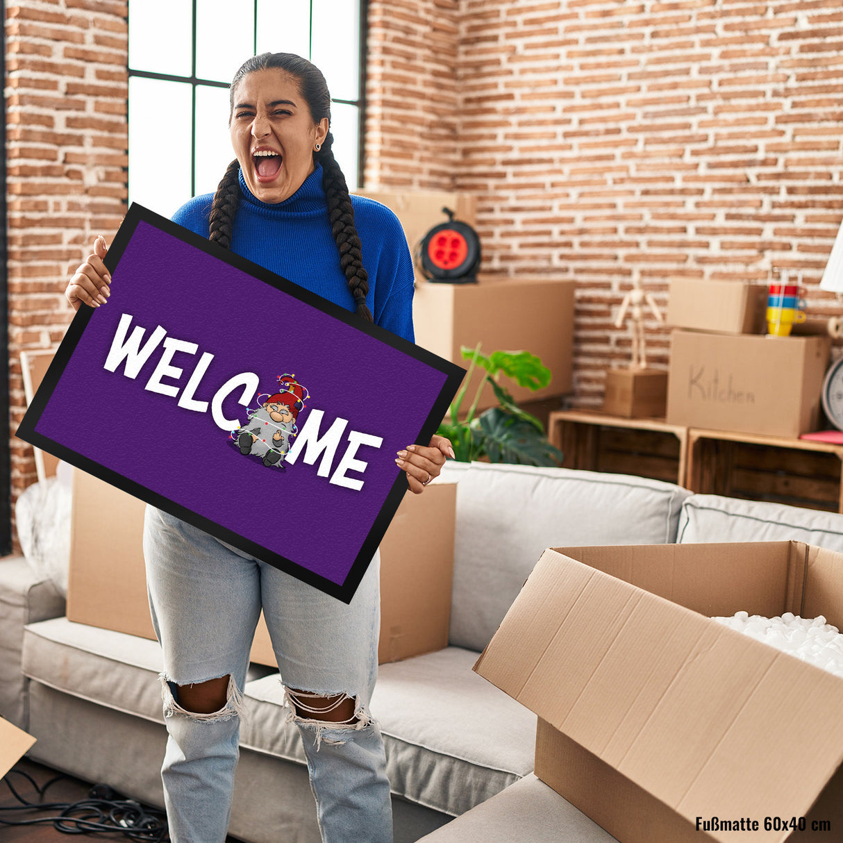 Grimmiger Wichtel Fußmatte in 35x50 cm mit Spruch Welcome