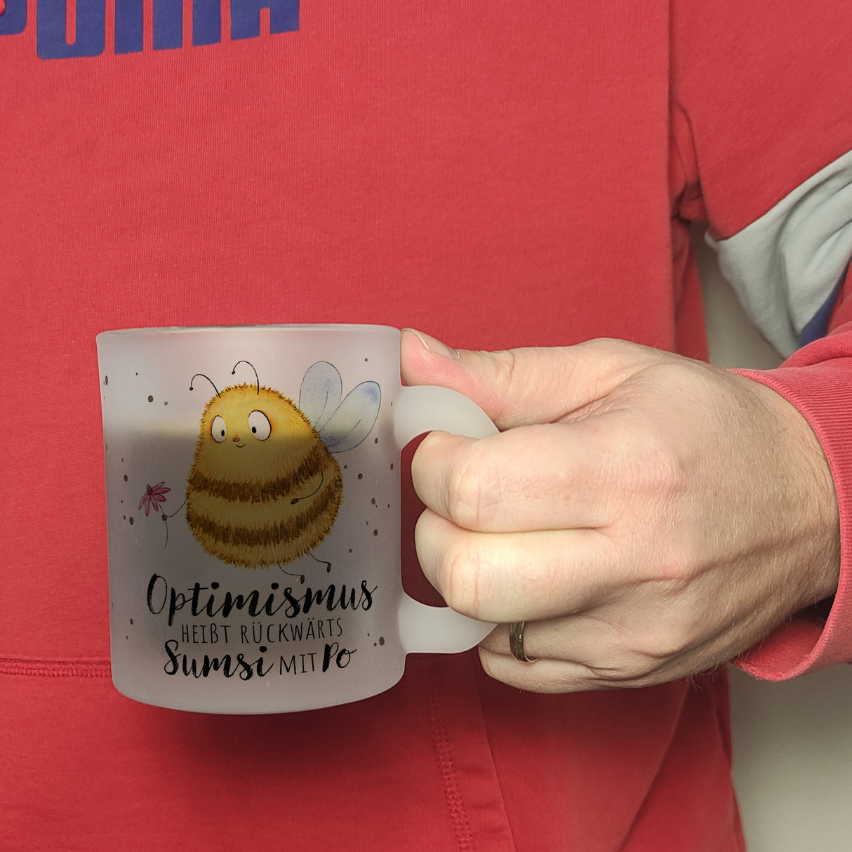 Pummel Biene Kaffeebecher mit Spruch Optimismus heißt rückwärts Sumsi mit Po