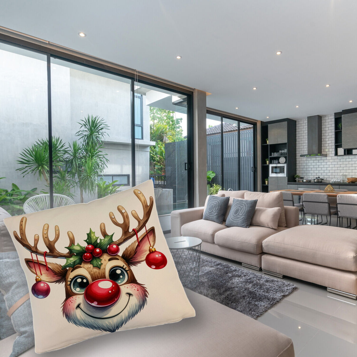 Rentier mit Weihnachtskugeln Kissen