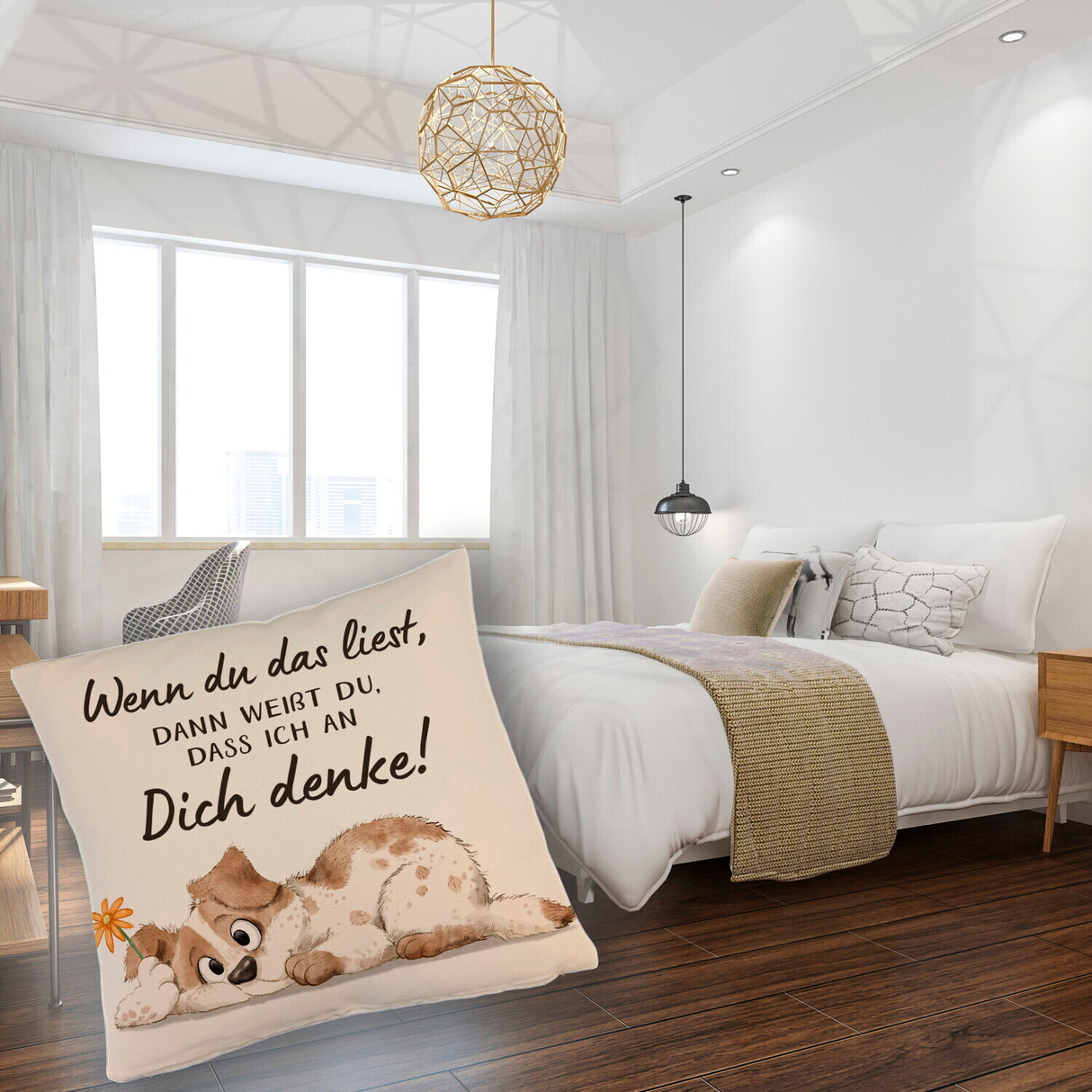 Hund Kissen mit Spruch Ich denke an dich