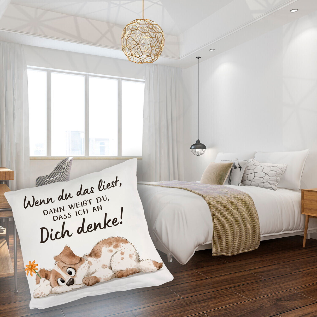 Hund Kissen mit Spruch Ich denke an dich