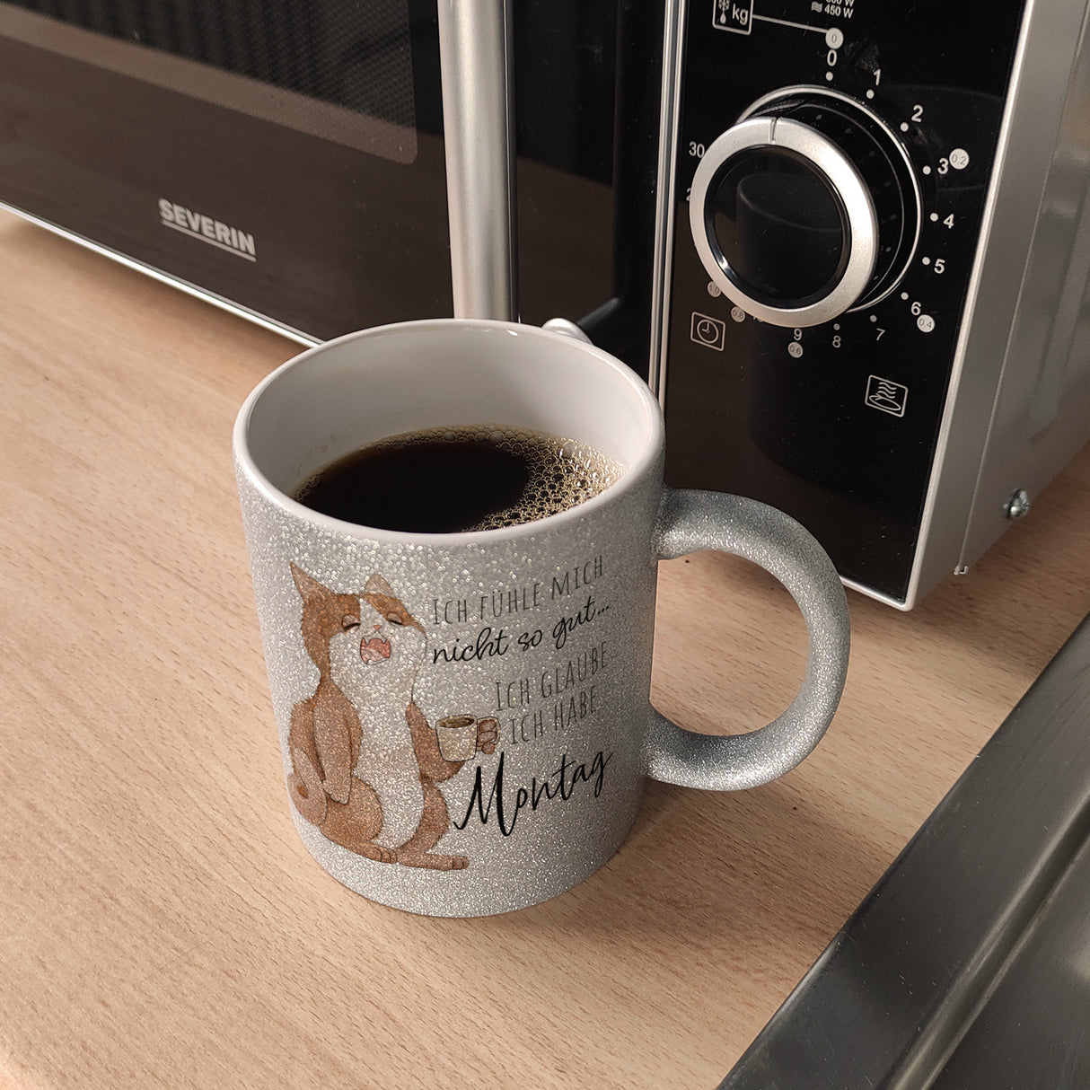Katze Kaffeebecher mit Spruch Unwohlsein - Verdacht auf Montagsgefühl