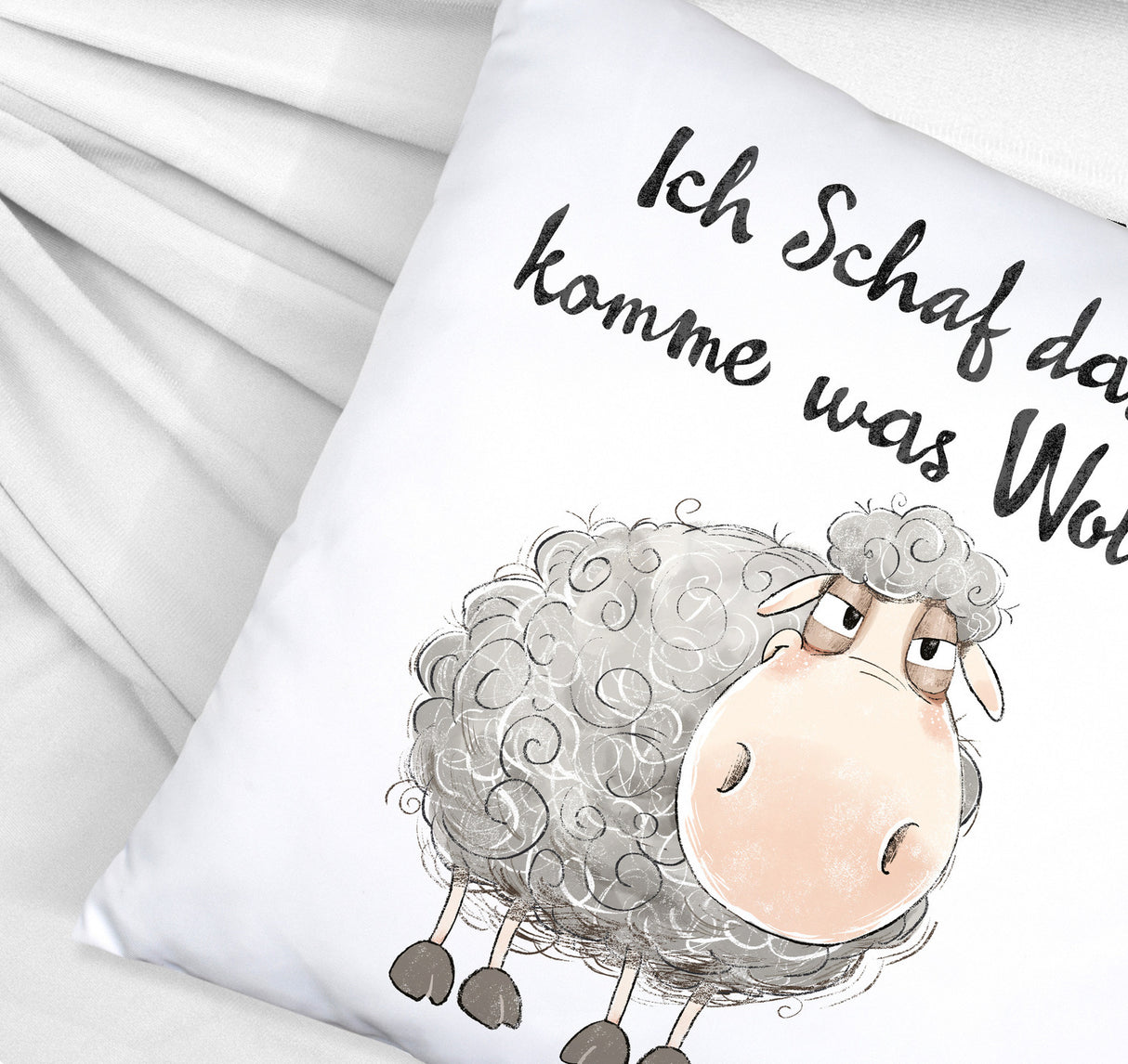 Schaf Kissen mit Spruch Ich Schaf das komme was Wolle
