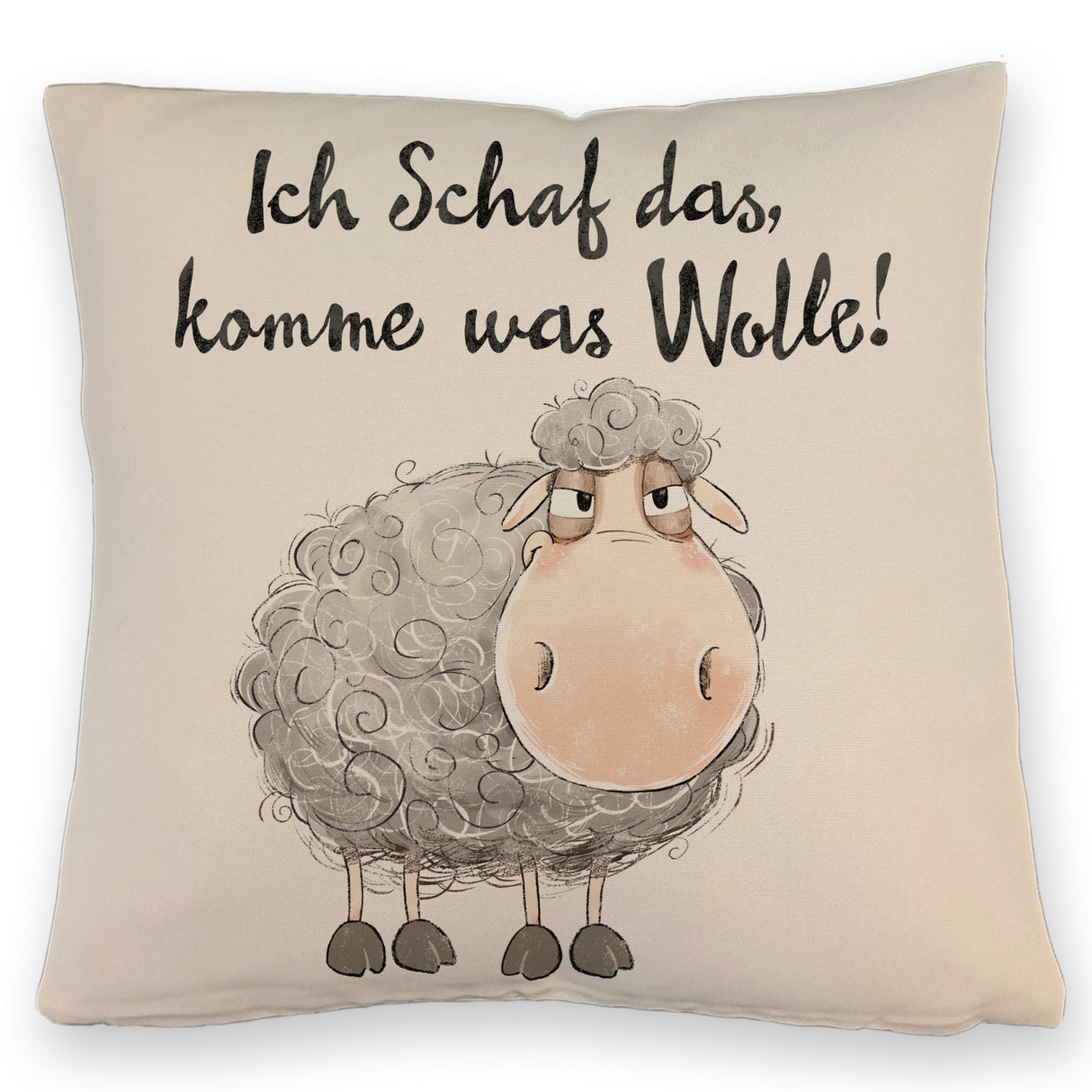 Schaf Kissen mit Spruch Ich Schaf das komme was Wolle