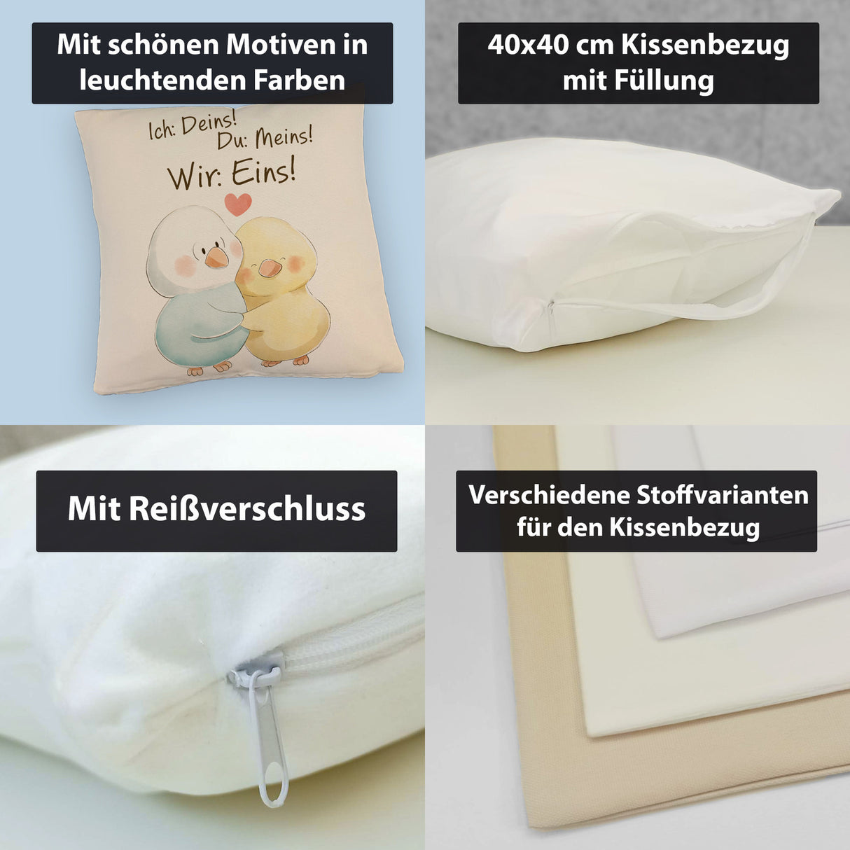 Vogelpaar Kissen mit Spruch Ich Deins Du Meins Wir Eins