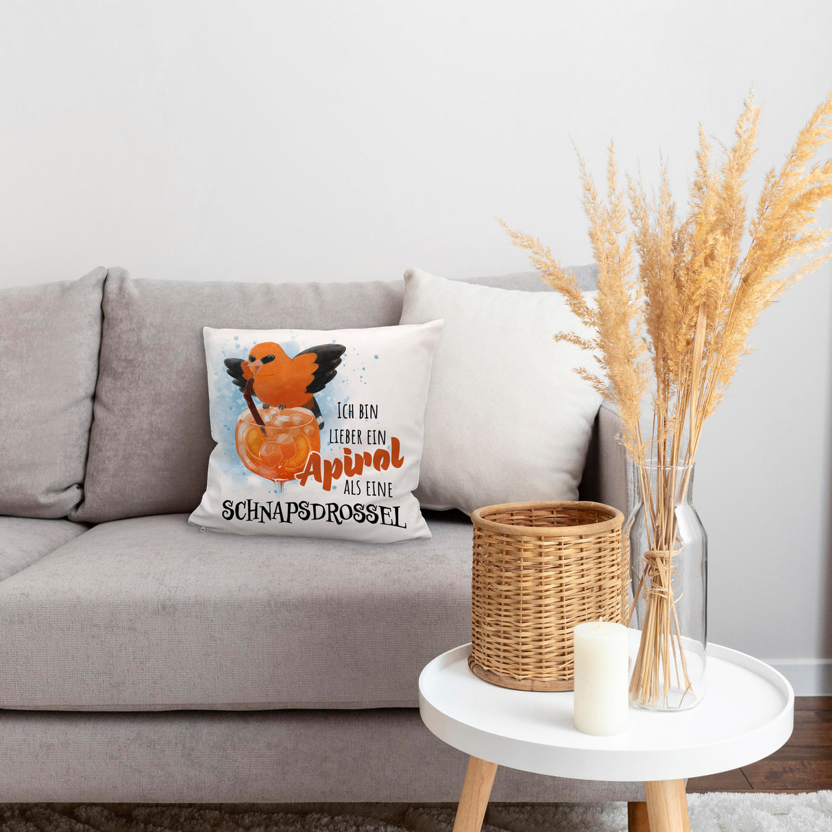 Cocktail Vogel Pirol Kissen mit Spruch Lieber Apirol als Schnapsdrossel