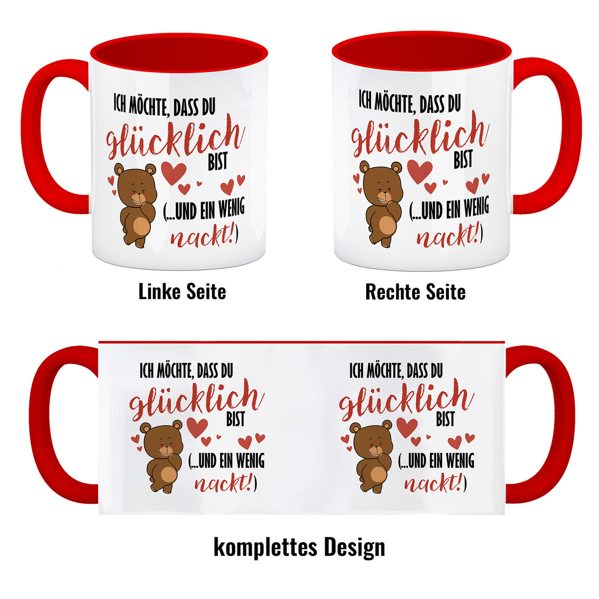 Knuddelbär Kaffeebecher mit Spruch Sei glücklich und etwas nackt