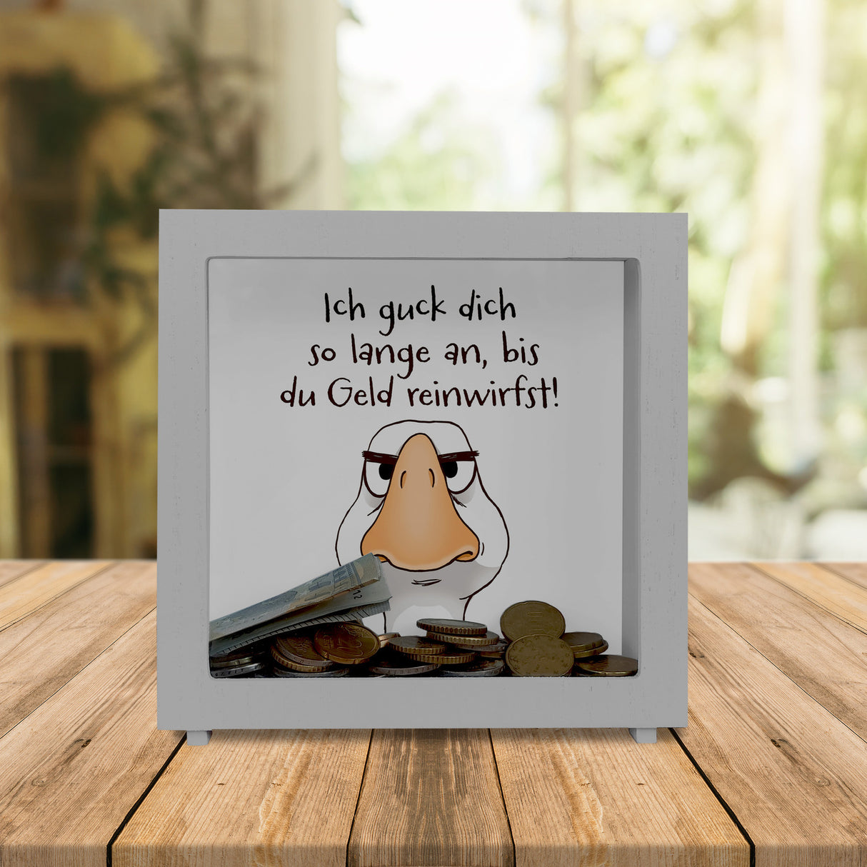 Gilbert die Gans Spardose mit Spruch Anstarren bis Geld fließt