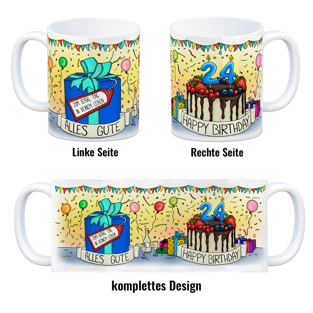 24. Geburtstag Tasse mit Kuchen und Geschenk und Anhänger: zum 8766. Tag
