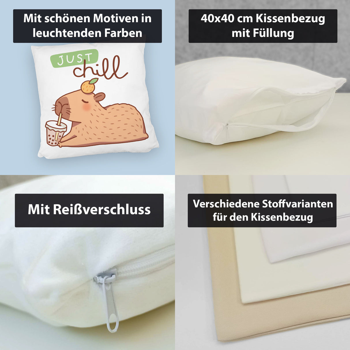 Capybara mit Bubble Tea Kissen mit Spruch Just Chill