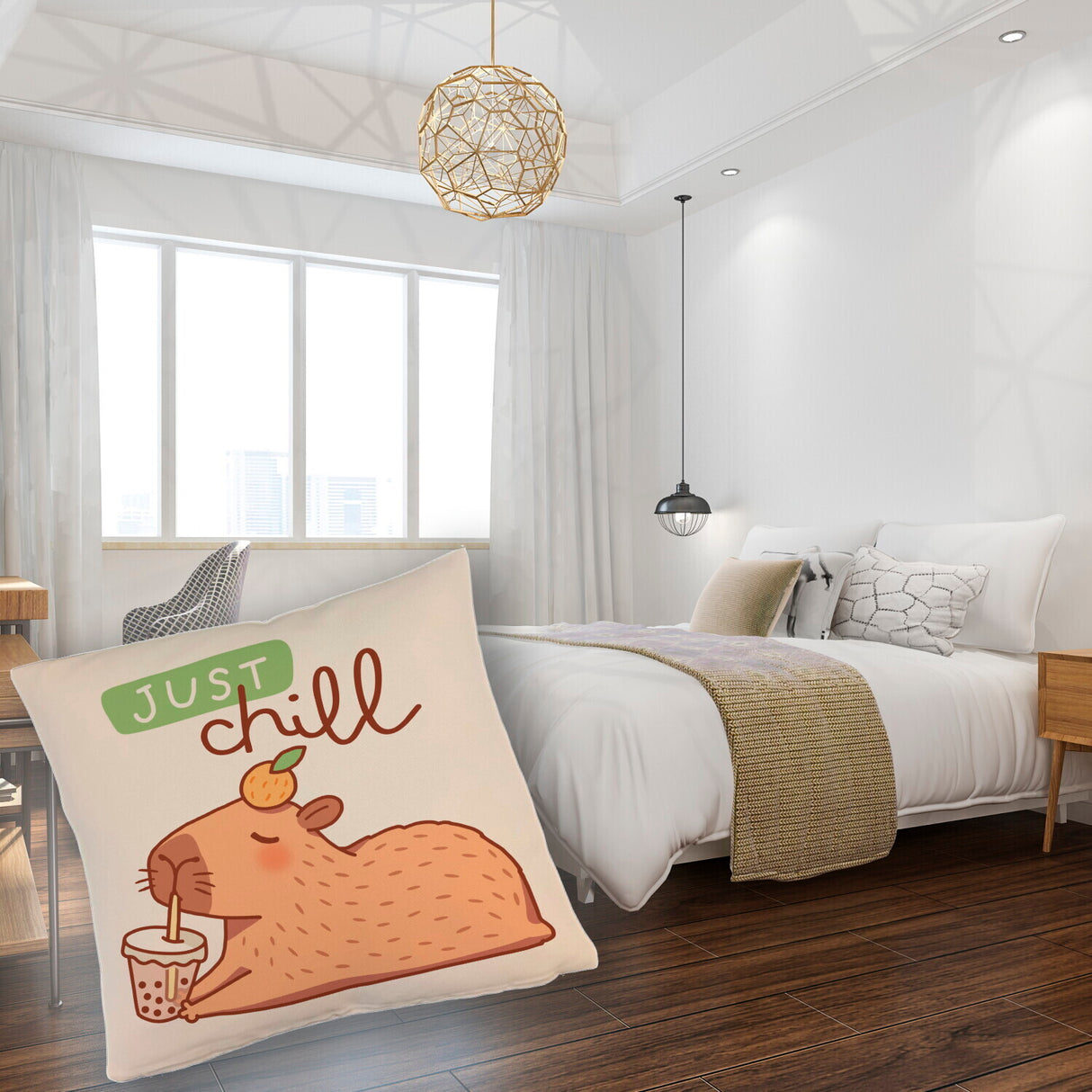Capybara mit Bubble Tea Kissen mit Spruch Just Chill